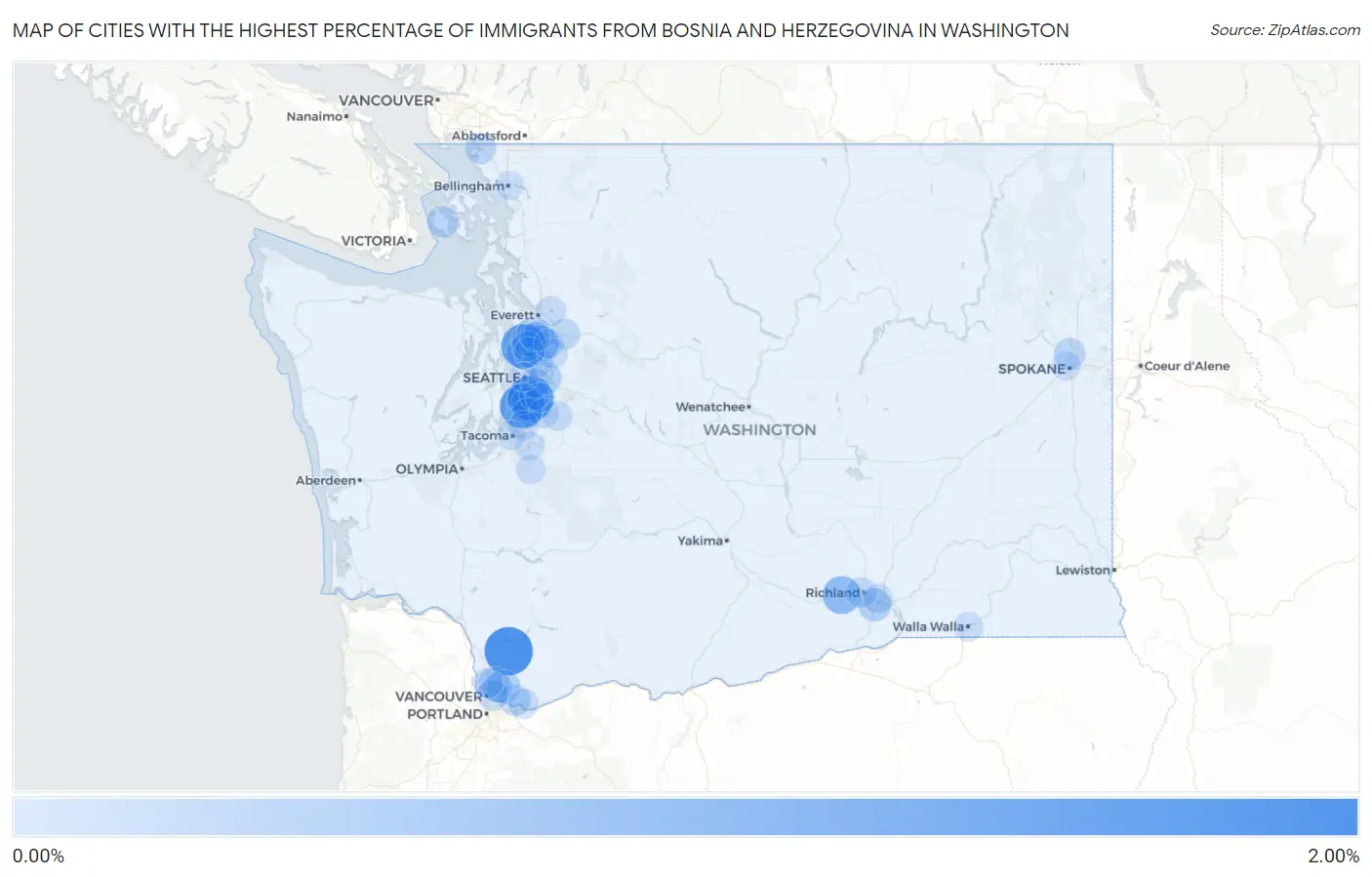 Cities with the Highest Percentage of Immigrants from Bosnia and Herzegovina in Washington Map