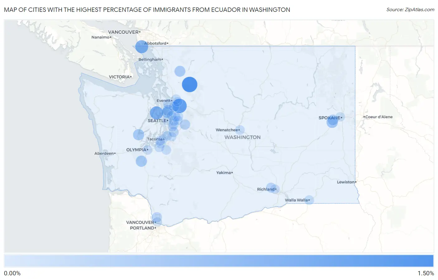 Cities with the Highest Percentage of Immigrants from Ecuador in Washington Map