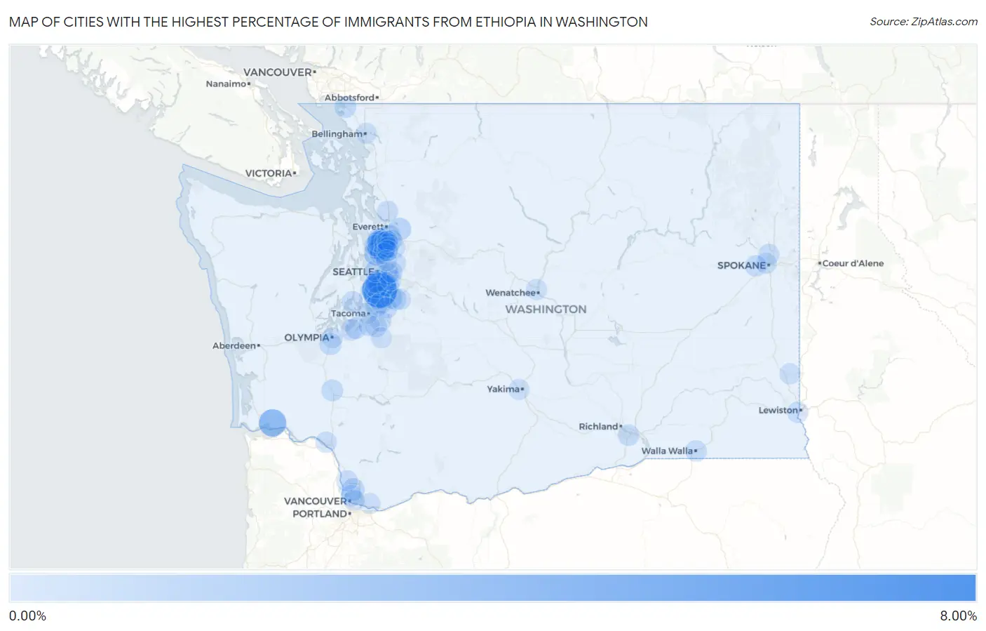 Cities with the Highest Percentage of Immigrants from Ethiopia in Washington Map