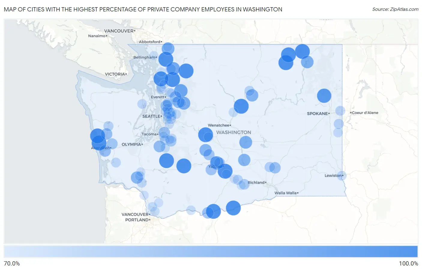Cities with the Highest Percentage of Private Company Employees in Washington Map