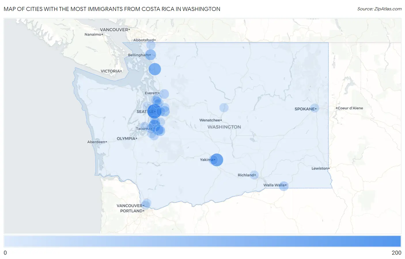 Cities with the Most Immigrants from Costa Rica in Washington Map