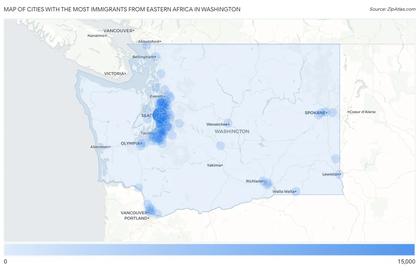 Cities with the Most Immigrants from Eastern Africa in Washington Map