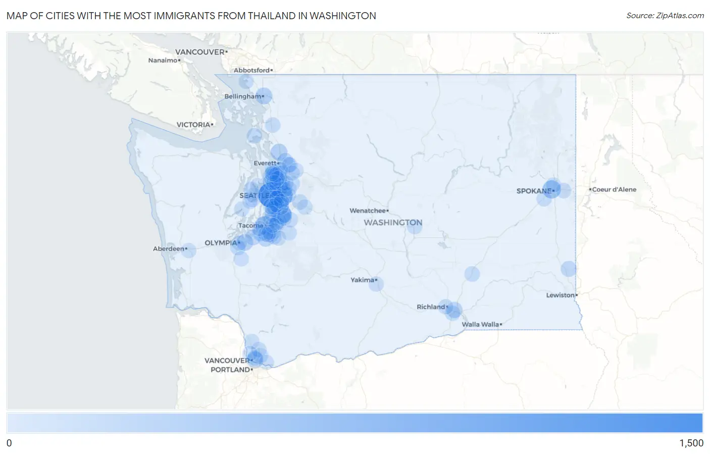 Cities with the Most Immigrants from Thailand in Washington Map