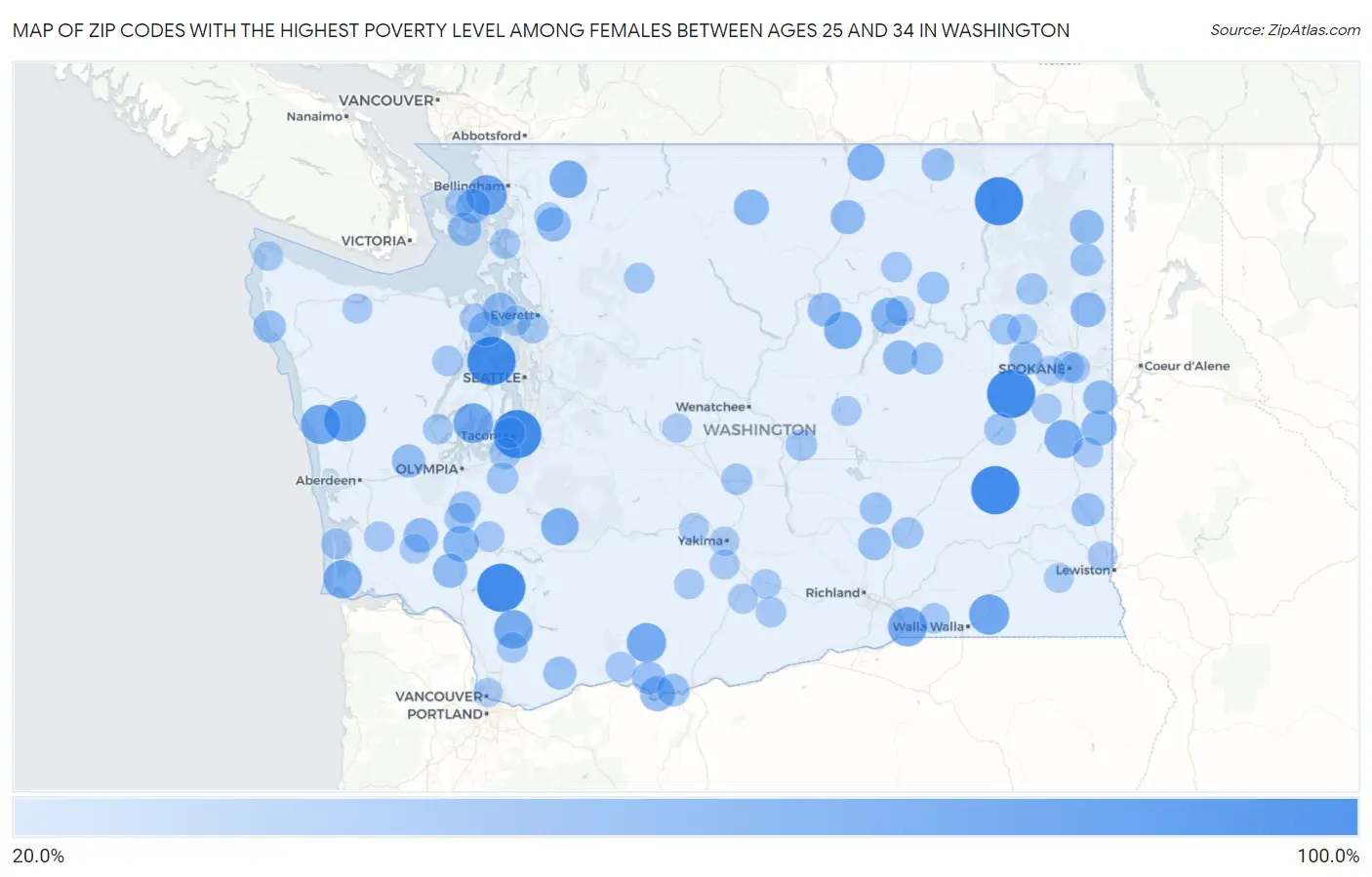 Zip Codes with the Highest Poverty Level Among Females Between Ages 25 and 34 in Washington Map