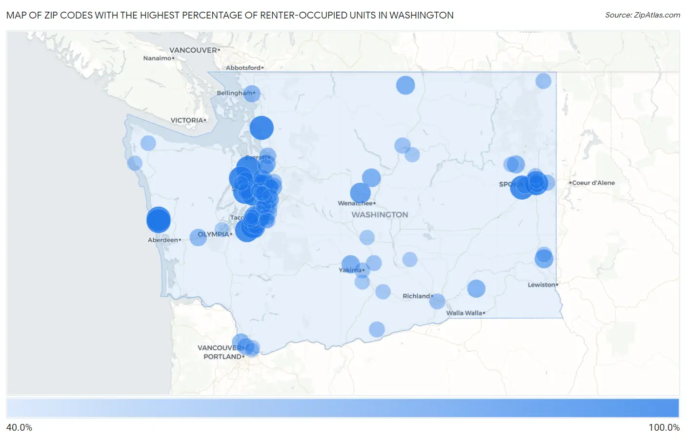 Zip Codes with the Highest Percentage of Renter-Occupied Units in Washington Map