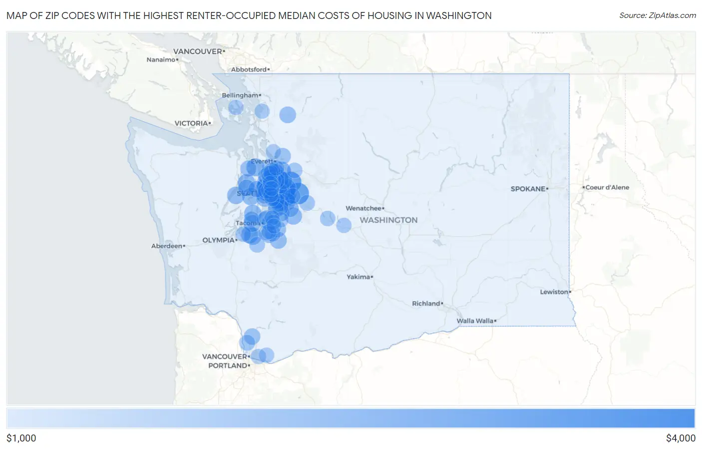 Zip Codes with the Highest Renter-Occupied Median Costs of Housing in Washington Map