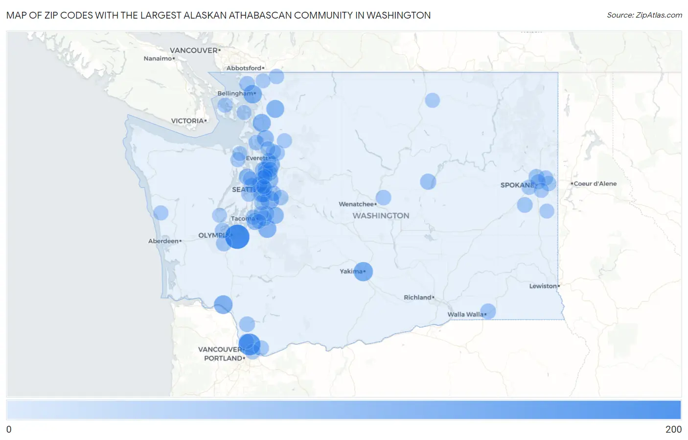 Zip Codes with the Largest Alaskan Athabascan Community in Washington Map