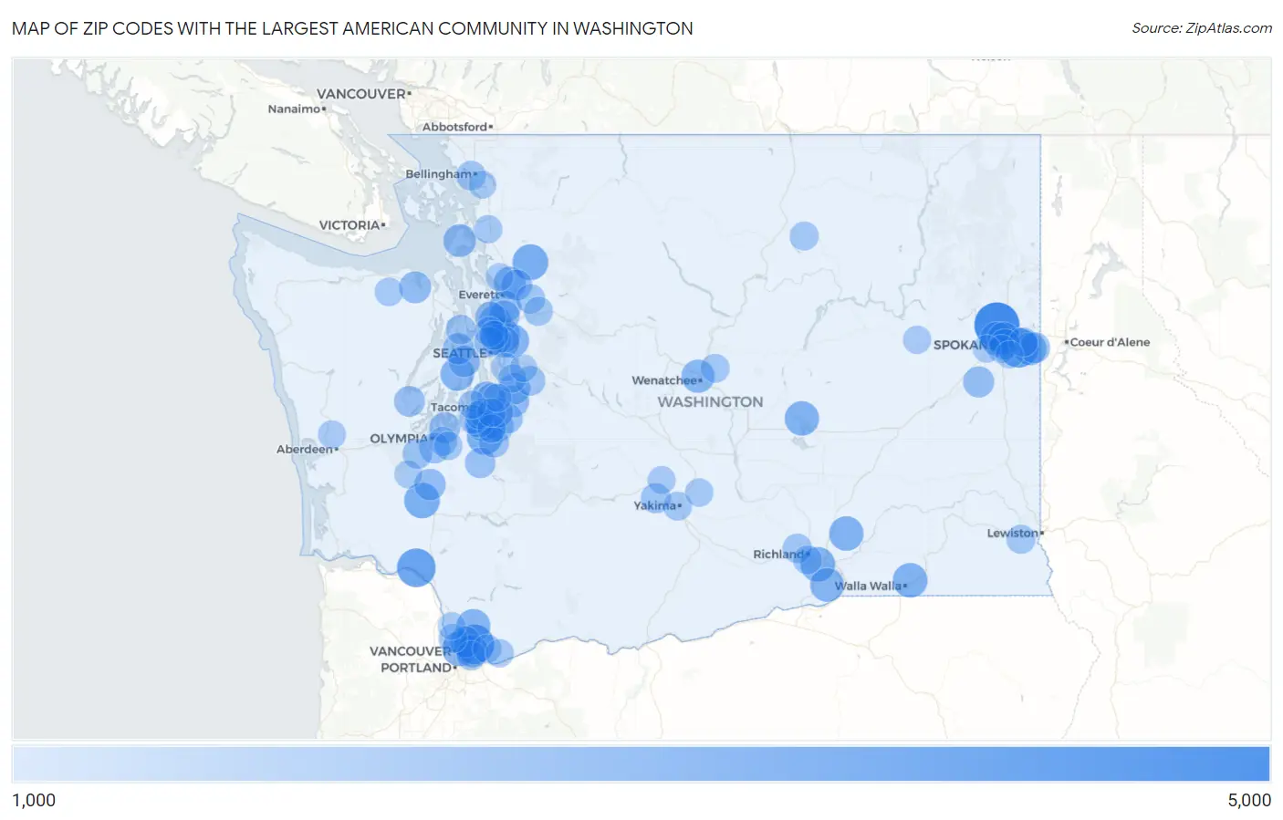 Zip Codes with the Largest American Community in Washington Map