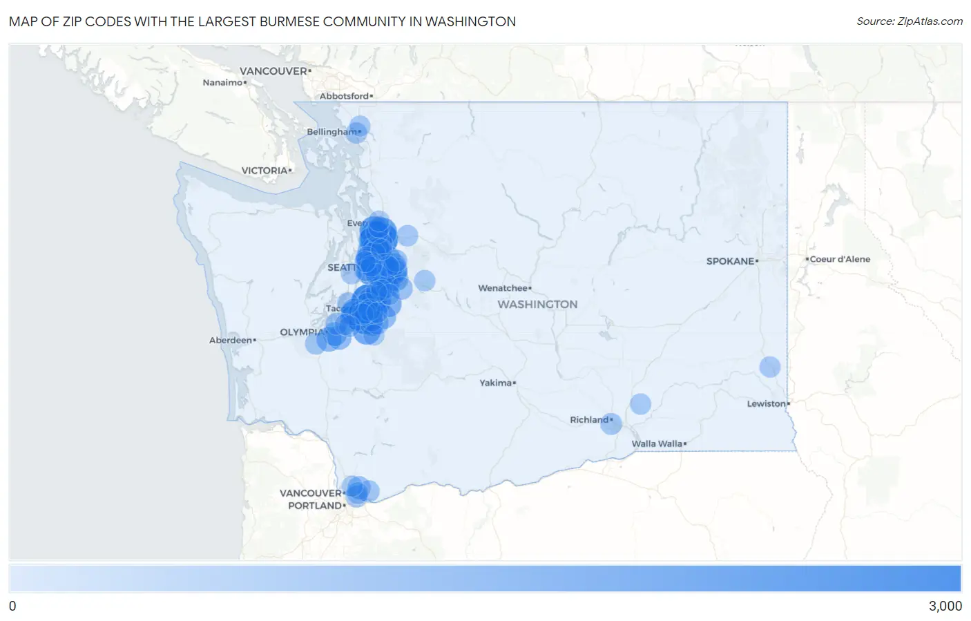Zip Codes with the Largest Burmese Community in Washington Map