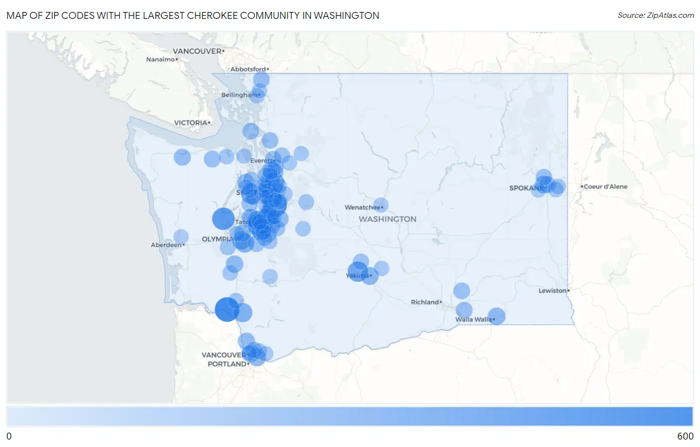 Zip Codes with the Largest Cherokee Community in Washington Map