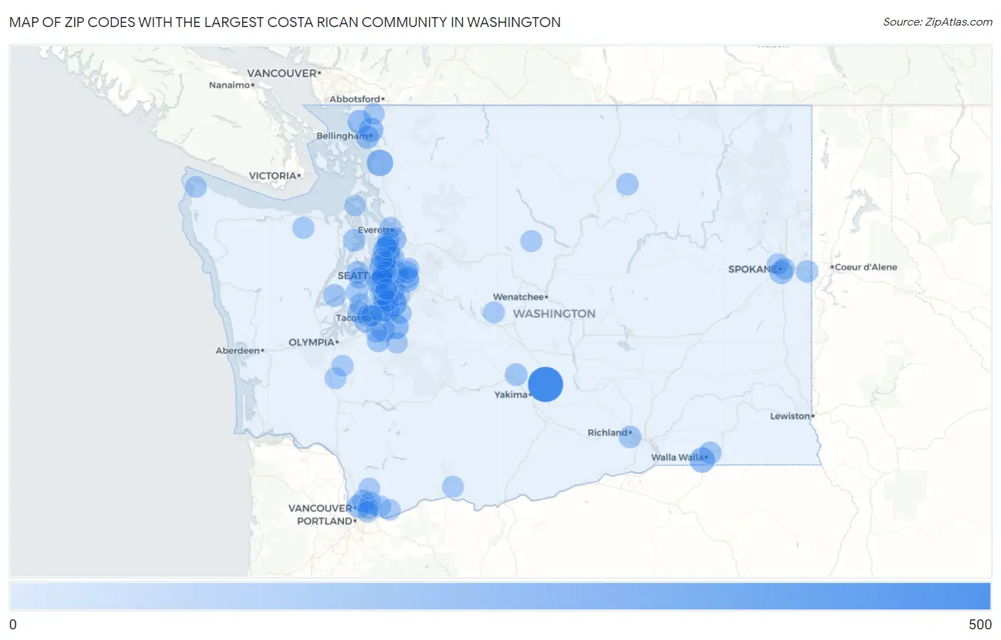 Zip Codes with the Largest Costa Rican Community in Washington Map