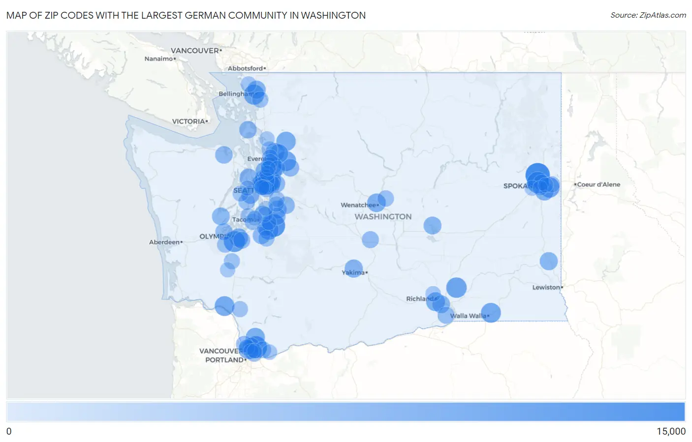 Zip Codes with the Largest German Community in Washington Map