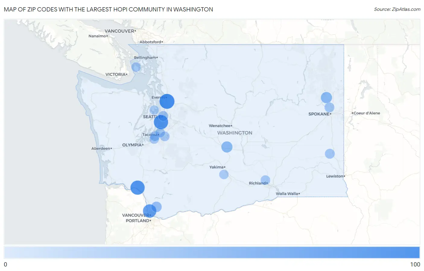 Zip Codes with the Largest Hopi Community in Washington Map