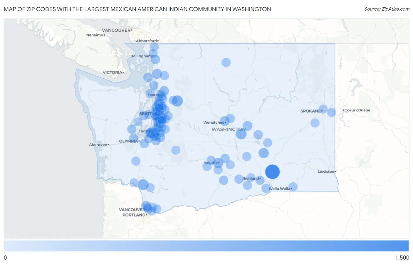 Zip Codes with the Largest Mexican American Indian Community in Washington Map