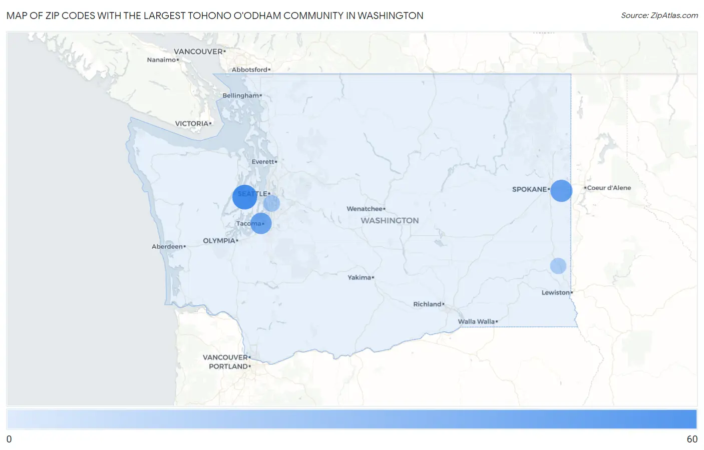 Zip Codes with the Largest Tohono O'Odham Community in Washington Map