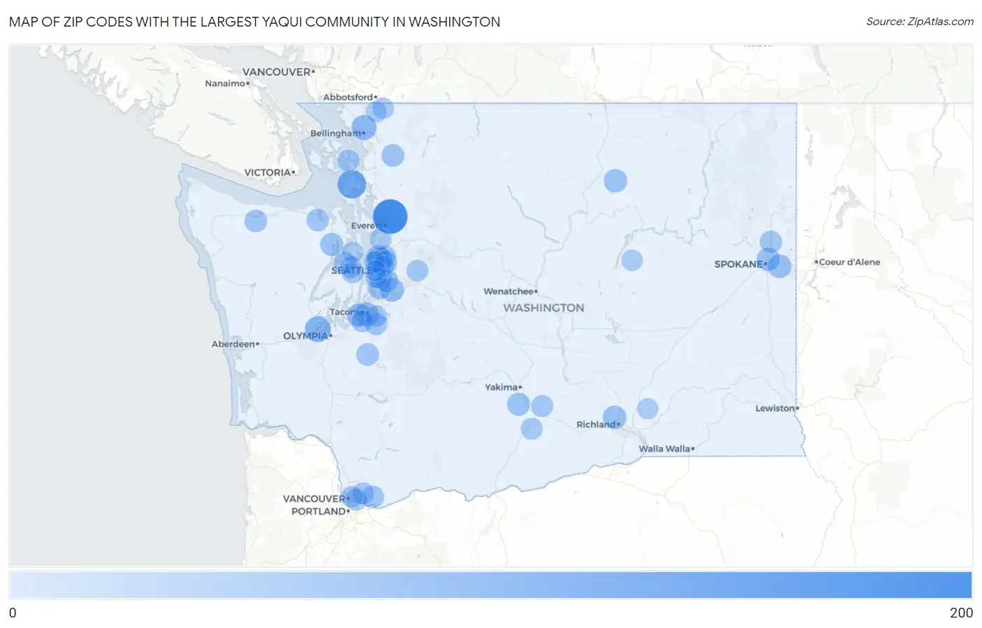 Zip Codes with the Largest Yaqui Community in Washington Map