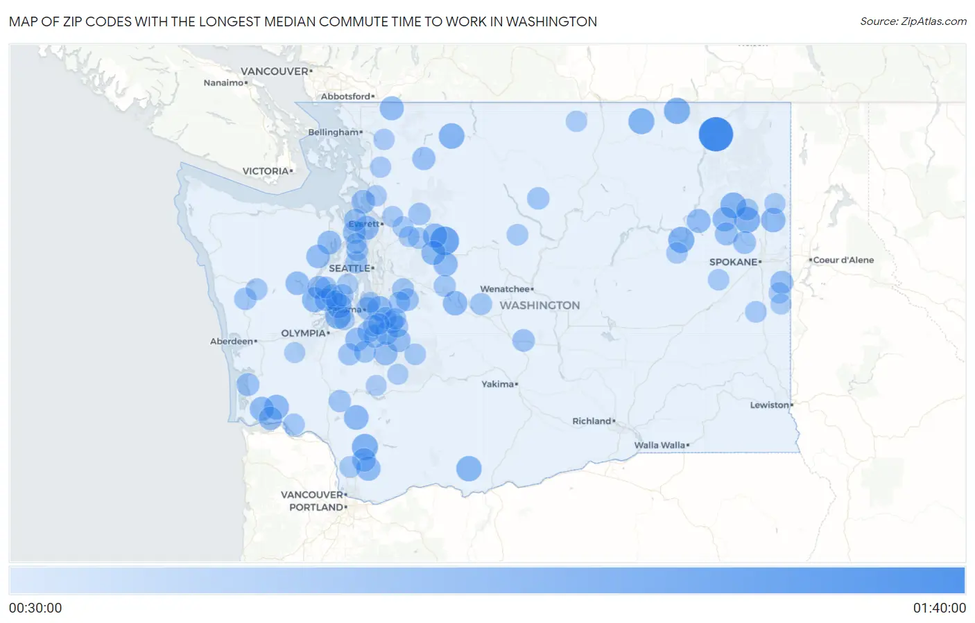 Zip Codes with the Longest Median Commute Time to Work in Washington Map