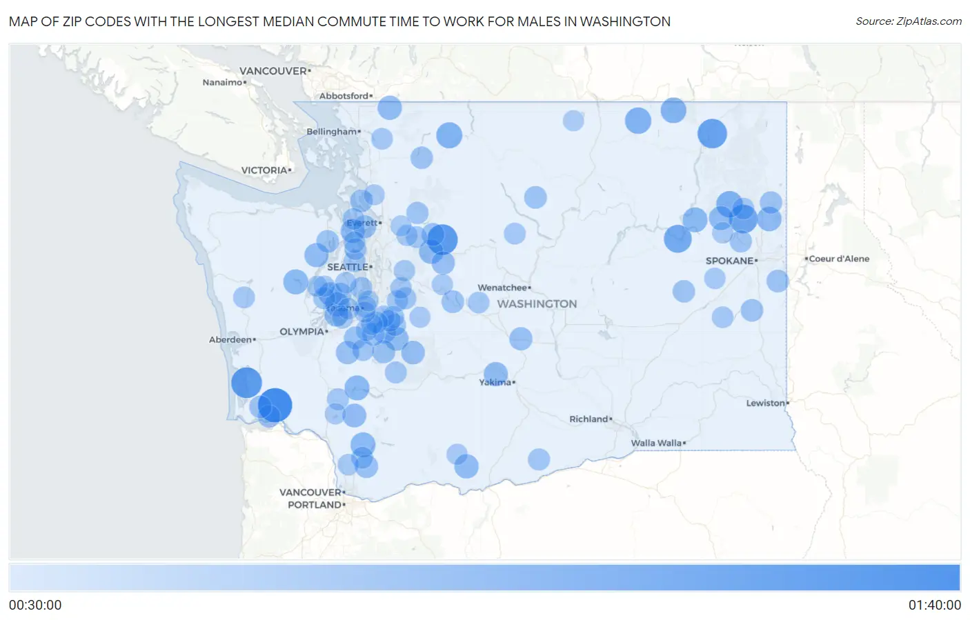 Zip Codes with the Longest Median Commute Time to Work for Males in Washington Map