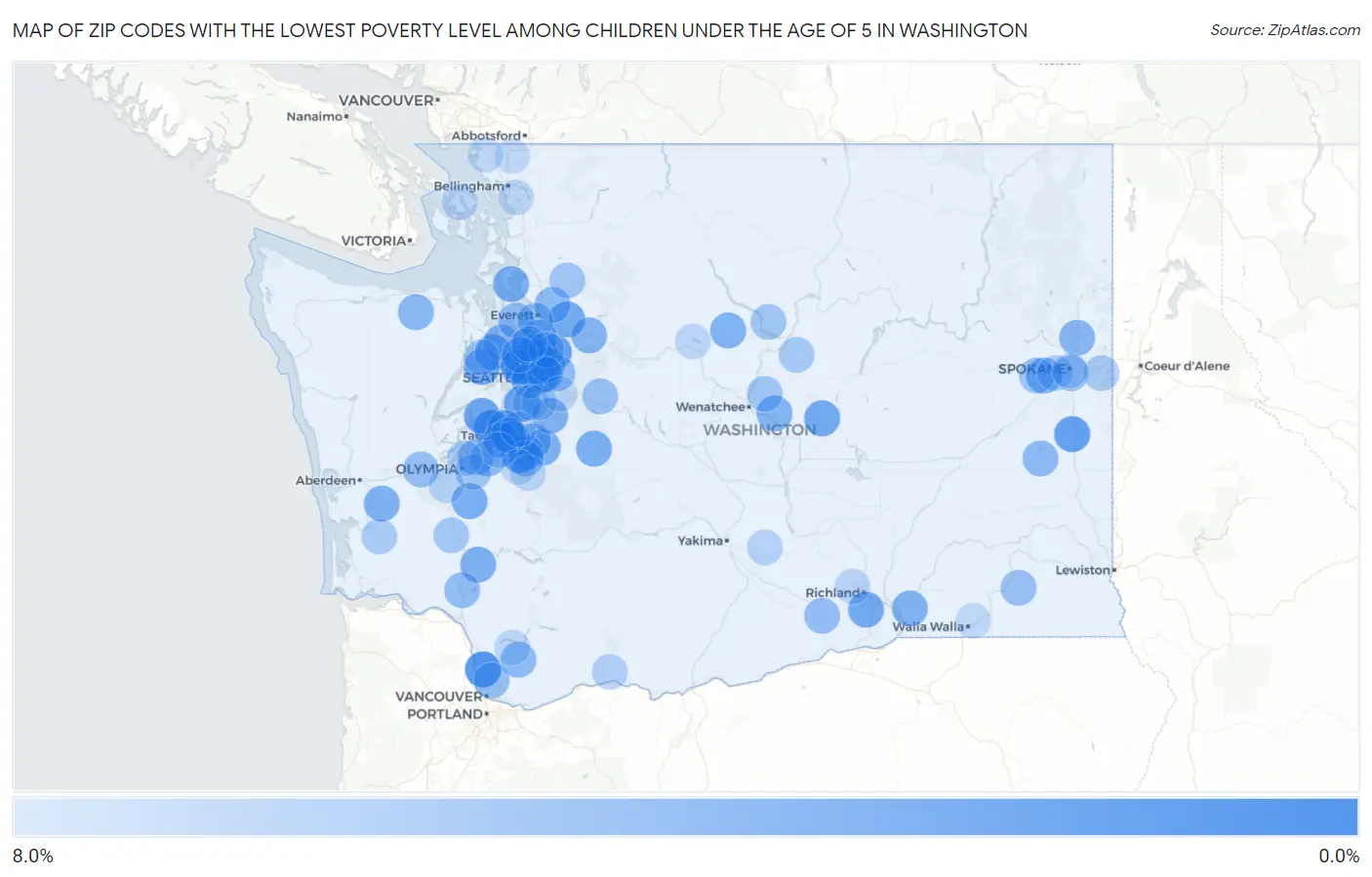 Zip Codes with the Lowest Poverty Level Among Children Under the Age of 5 in Washington Map