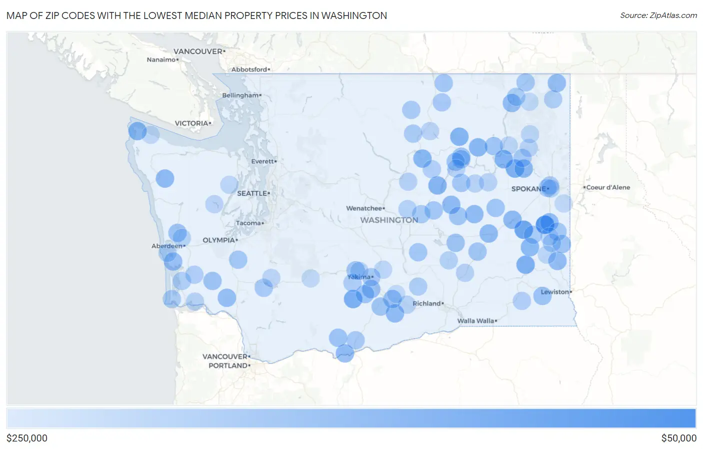 Zip Codes with the Lowest Median Property Prices in Washington Map
