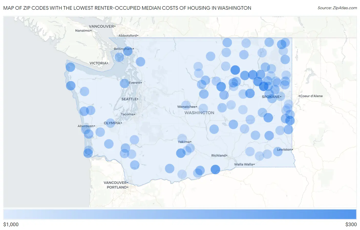 Zip Codes with the Lowest Renter-Occupied Median Costs of Housing in Washington Map