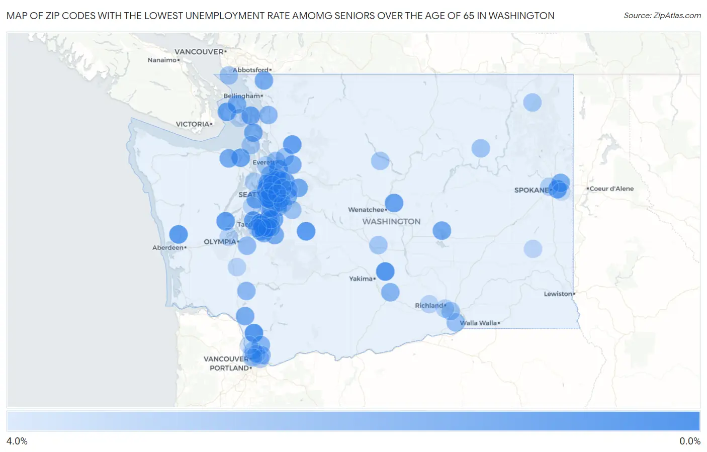 Zip Codes with the Lowest Unemployment Rate Amomg Seniors Over the Age of 65 in Washington Map