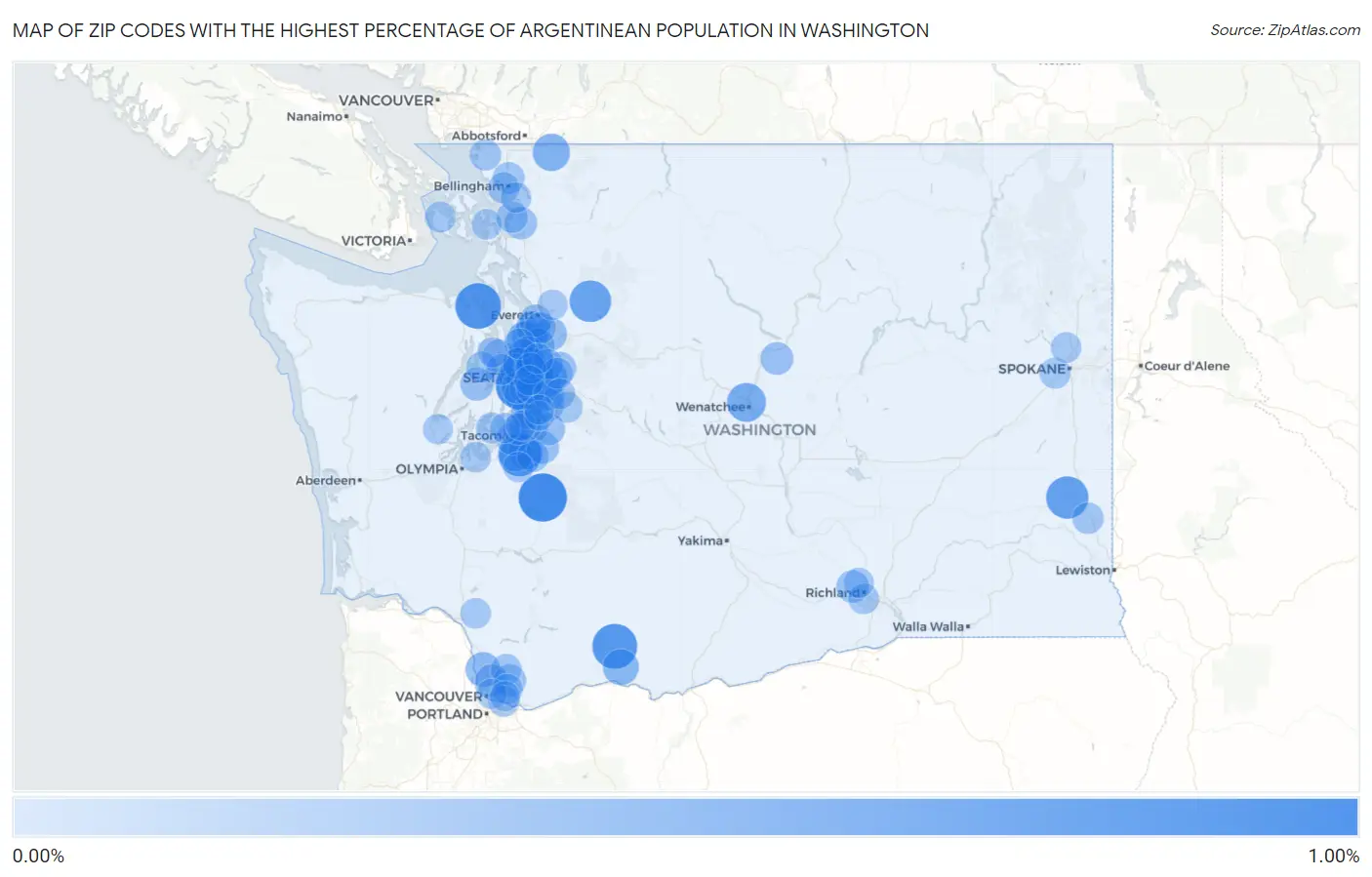 Zip Codes with the Highest Percentage of Argentinean Population in Washington Map