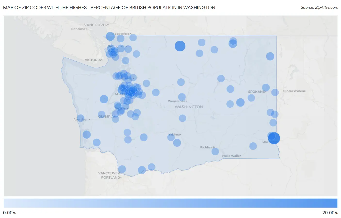 Zip Codes with the Highest Percentage of British Population in Washington Map