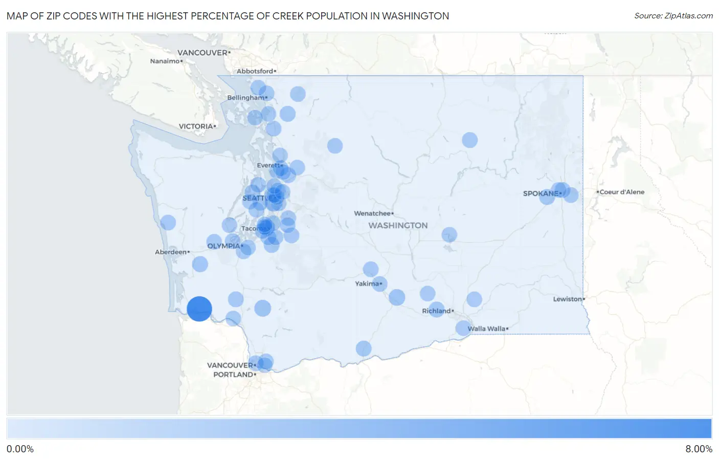 Zip Codes with the Highest Percentage of Creek Population in Washington Map