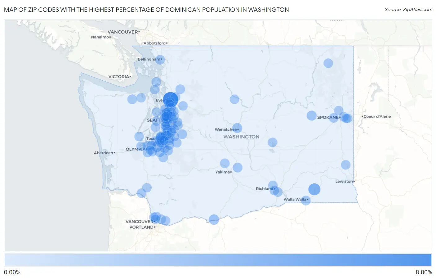 Zip Codes with the Highest Percentage of Dominican Population in Washington Map