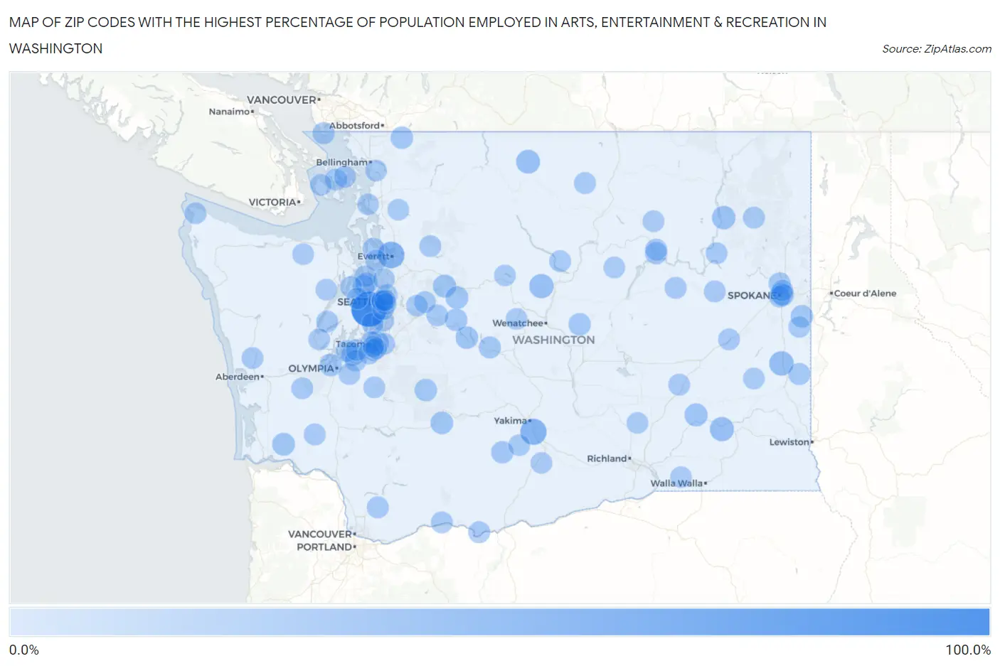 Zip Codes with the Highest Percentage of Population Employed in Arts, Entertainment & Recreation in Washington Map