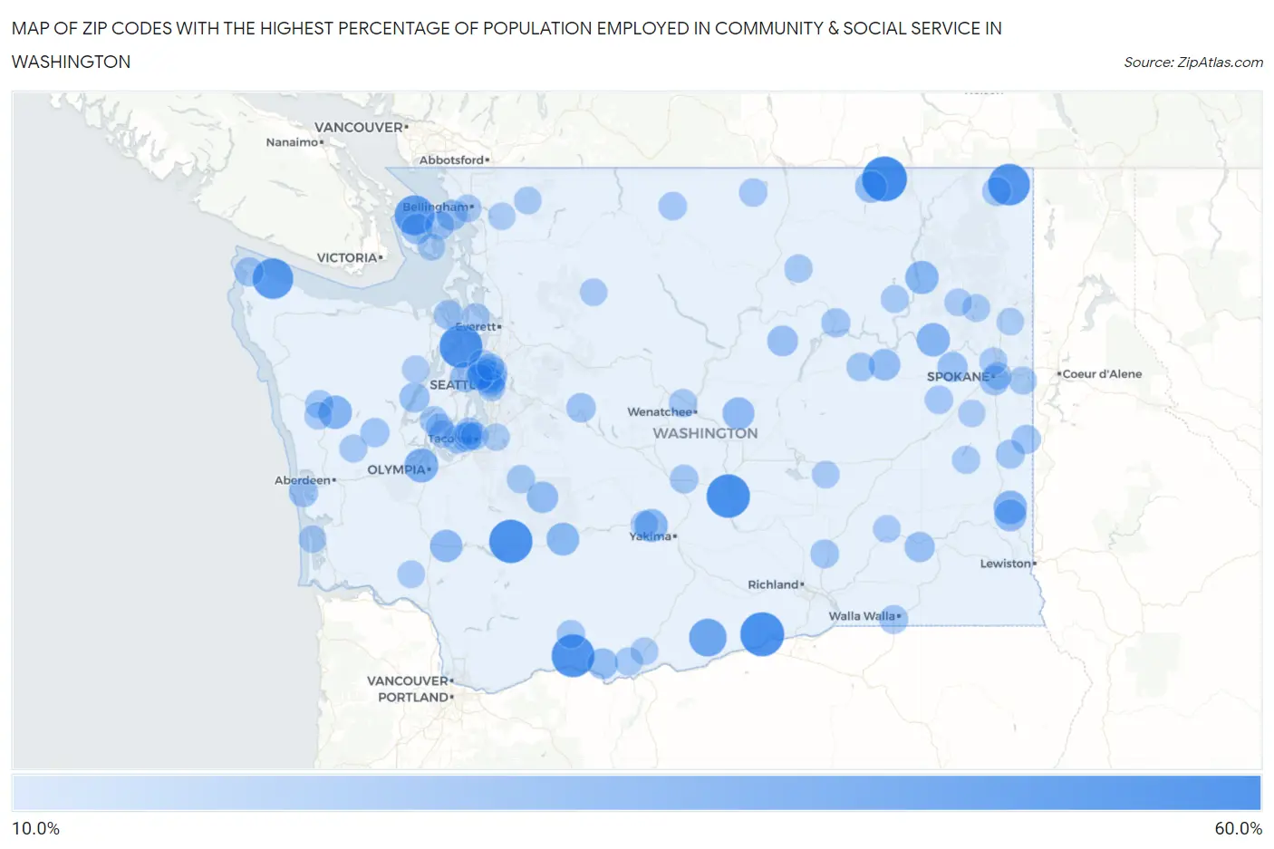 Zip Codes with the Highest Percentage of Population Employed in Community & Social Service  in Washington Map