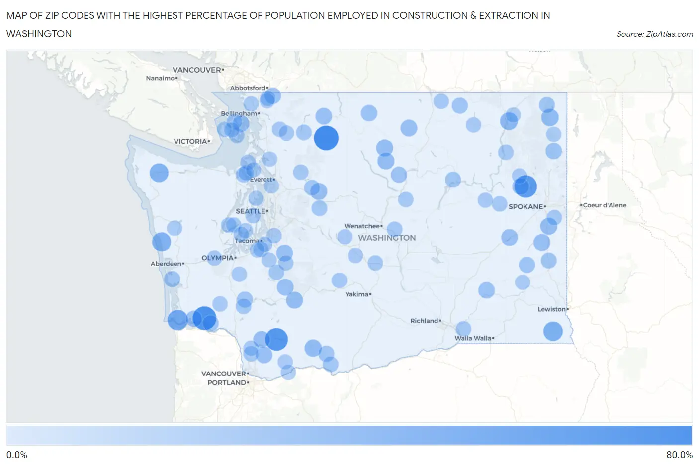 Zip Codes with the Highest Percentage of Population Employed in Construction & Extraction in Washington Map