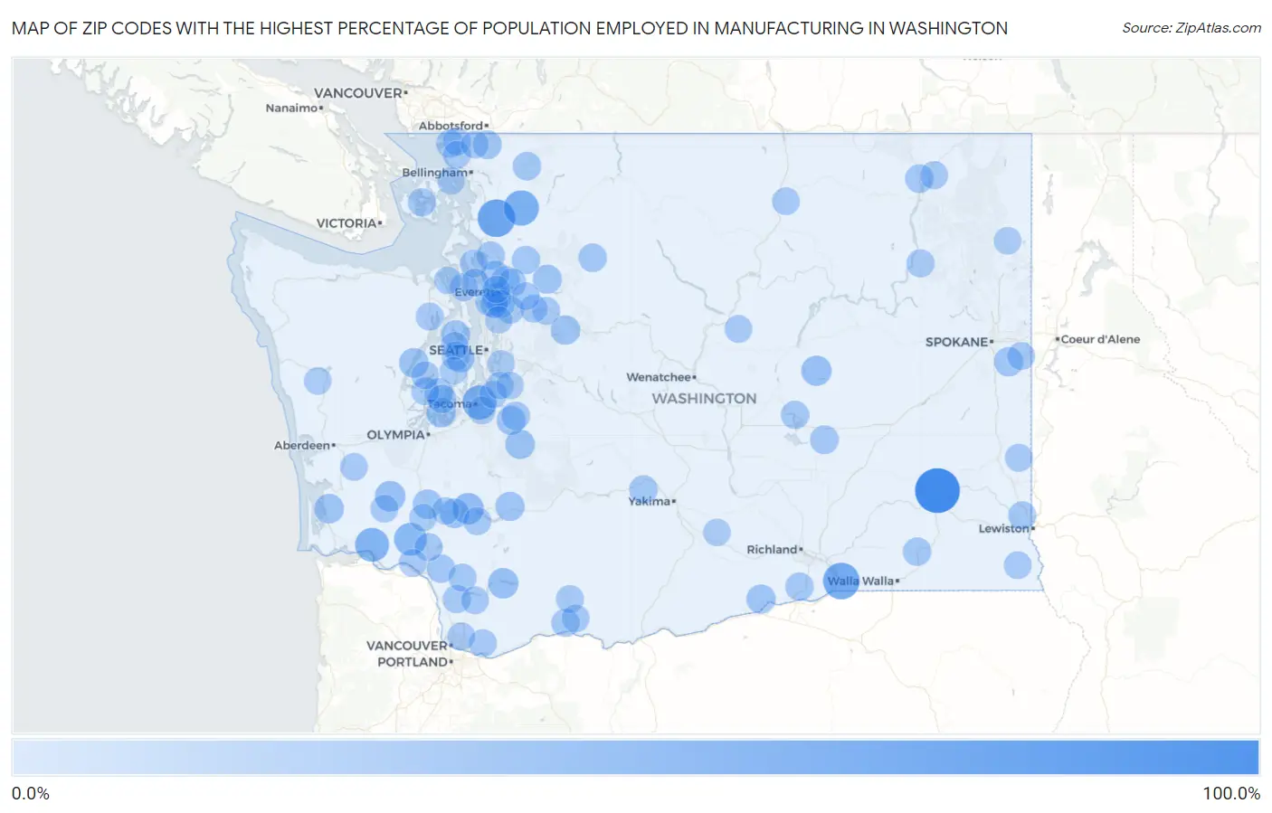 Zip Codes with the Highest Percentage of Population Employed in Manufacturing in Washington Map