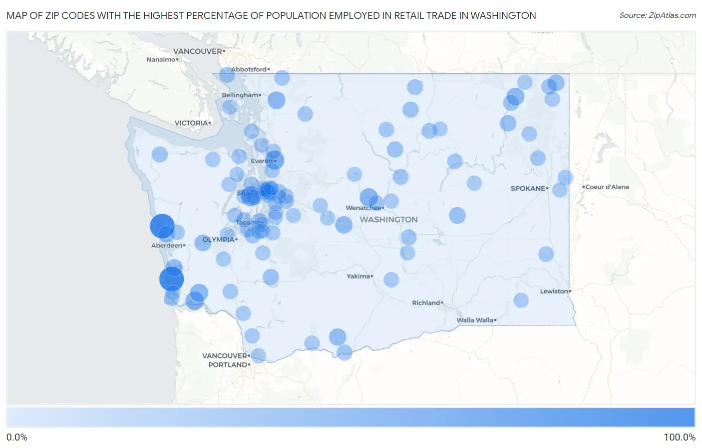 Zip Codes with the Highest Percentage of Population Employed in Retail Trade in Washington Map
