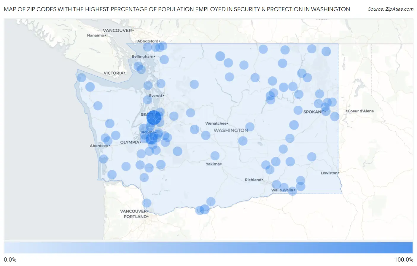 Zip Codes with the Highest Percentage of Population Employed in Security & Protection in Washington Map