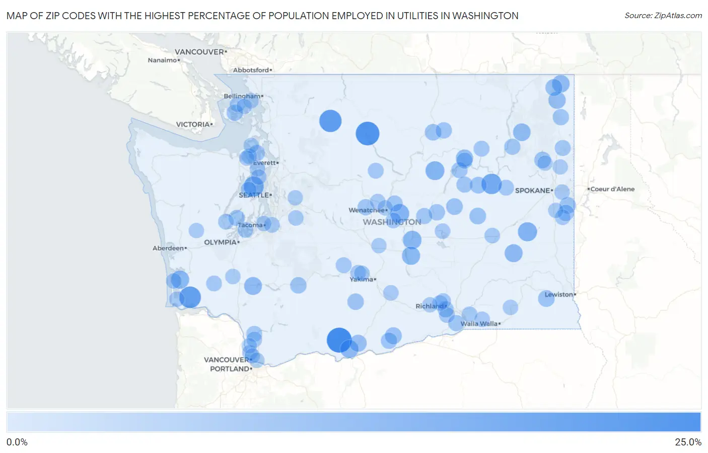 Zip Codes with the Highest Percentage of Population Employed in Utilities in Washington Map