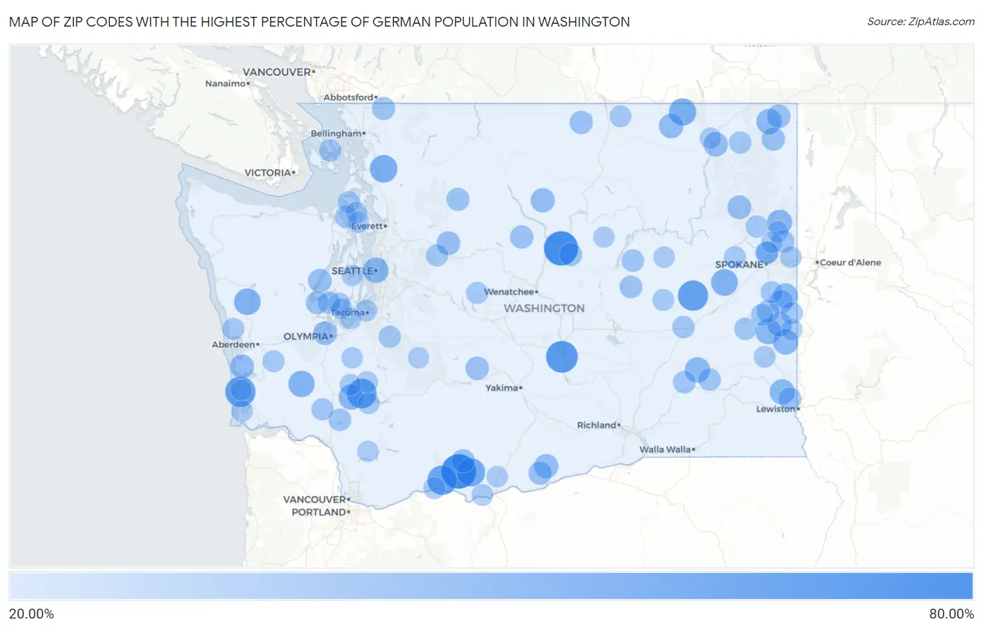 Zip Codes with the Highest Percentage of German Population in Washington Map