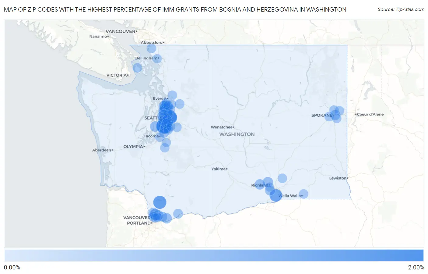 Zip Codes with the Highest Percentage of Immigrants from Bosnia and Herzegovina in Washington Map