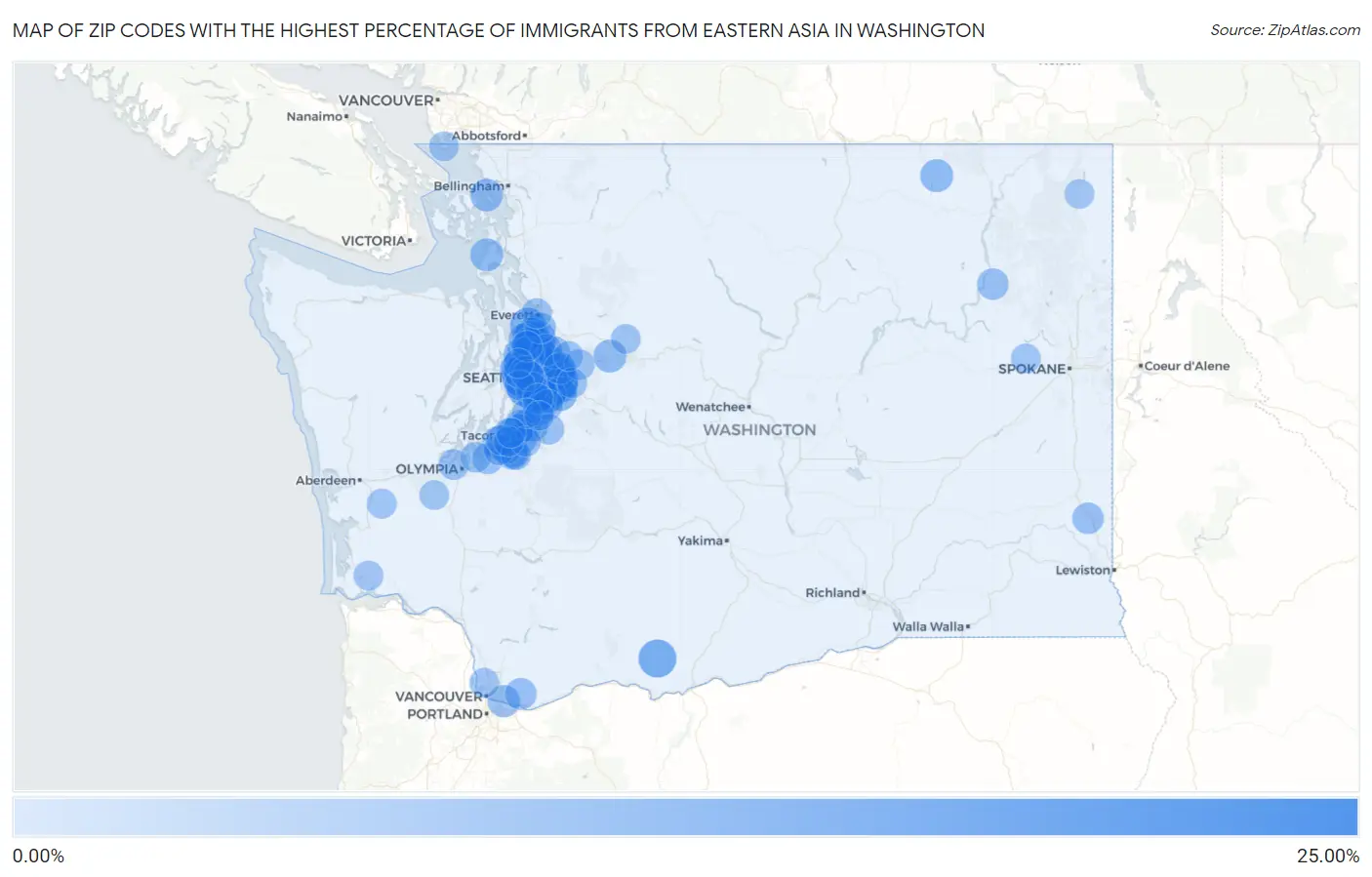 Zip Codes with the Highest Percentage of Immigrants from Eastern Asia in Washington Map