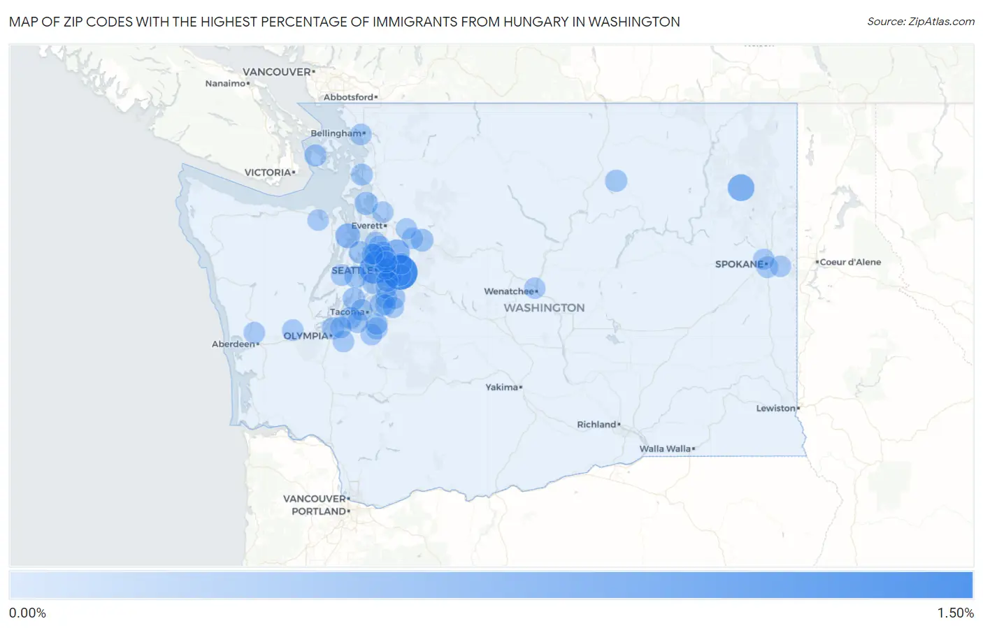 Zip Codes with the Highest Percentage of Immigrants from Hungary in Washington Map