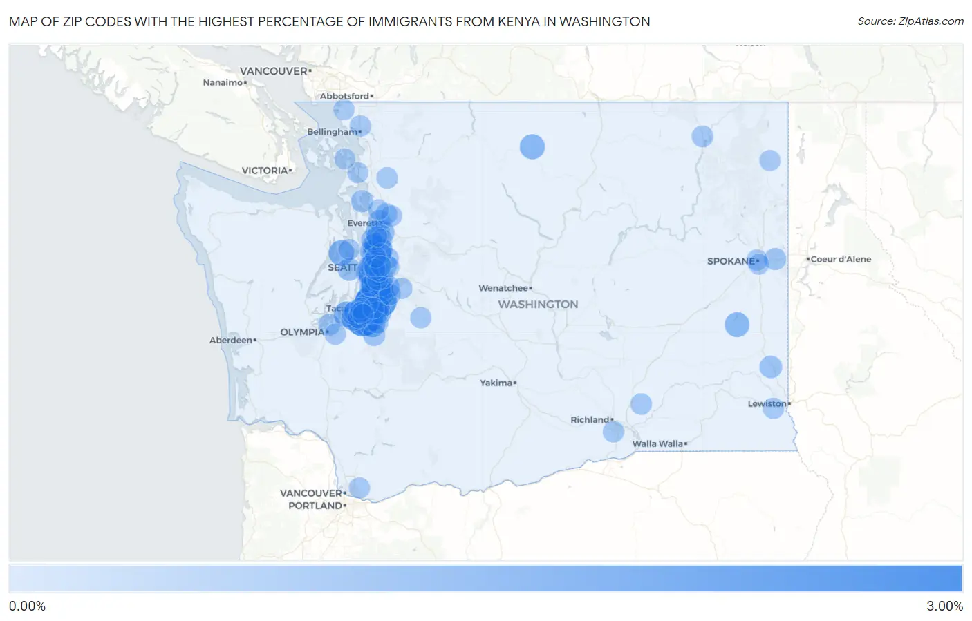 Zip Codes with the Highest Percentage of Immigrants from Kenya in Washington Map