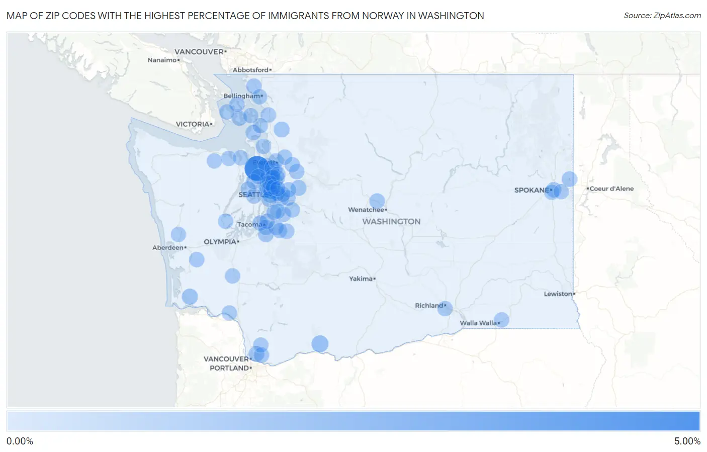 Zip Codes with the Highest Percentage of Immigrants from Norway in Washington Map