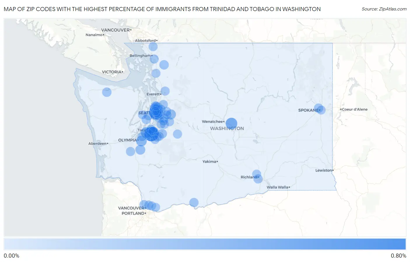Zip Codes with the Highest Percentage of Immigrants from Trinidad and Tobago in Washington Map