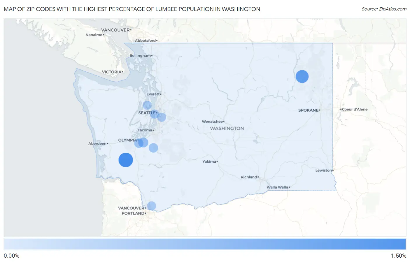 Zip Codes with the Highest Percentage of Lumbee Population in Washington Map