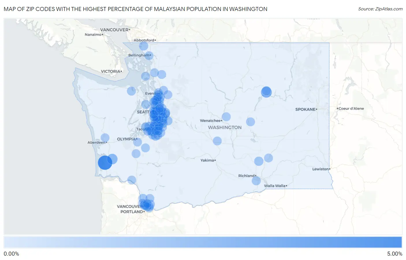 Zip Codes with the Highest Percentage of Malaysian Population in Washington Map