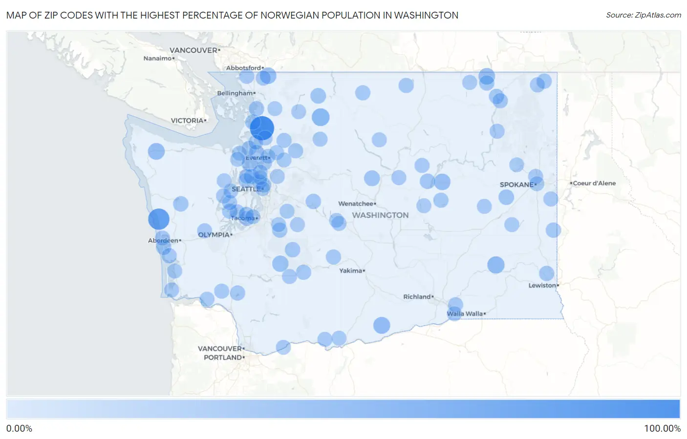 Zip Codes with the Highest Percentage of Norwegian Population in Washington Map