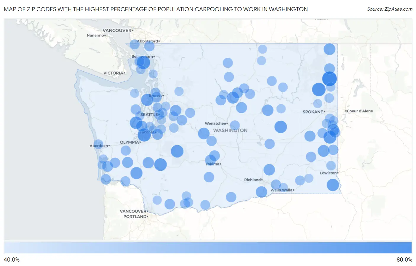 Zip Codes with the Highest Percentage of Population Carpooling to Work in Washington Map