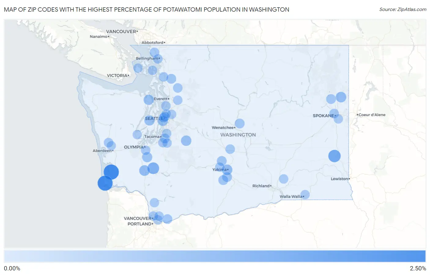 Zip Codes with the Highest Percentage of Potawatomi Population in Washington Map