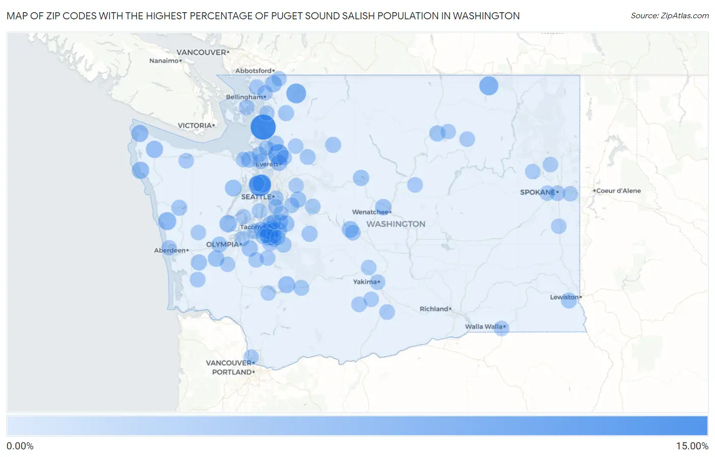 Zip Codes with the Highest Percentage of Puget Sound Salish Population in Washington Map